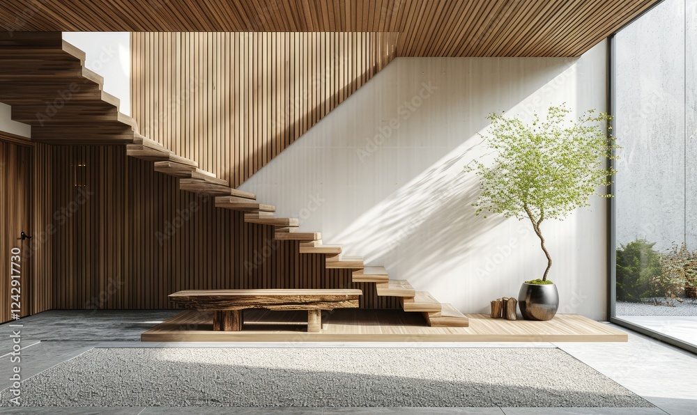 Modern Japandi Interior Hallway with Wooden Staircase and Bench near Houseplant in Terrazzo
