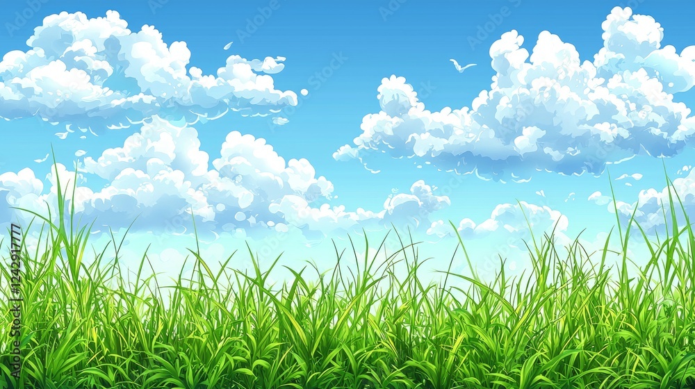 Serene Summer Meadow: Lush Green Grass under a Blue Sky with Fluffy Clouds. A picturesque landscape perfect for nature lovers and peaceful backgrounds. Serene Summer Meadow: Lush Green Grass under a Blue Sky with Fluffy Clouds. A picturesque landscape perfect for nature lovers and peaceful backgrounds.