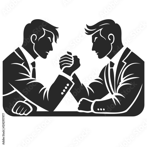 Two businessmen engaged in an intense arm wrestling match.