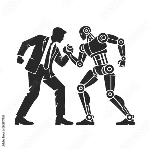 A human and a robot compete in an arm wrestling match, symbolizing man versus machine.