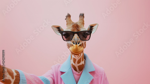 Fashionable Giraffe in Black Sunglasses Taking a Selfie, Stylish Portrait, Generative AI photo