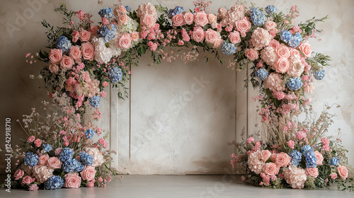 Beautiful, wedding, arch, white and pink roses and blue hydrangeas 