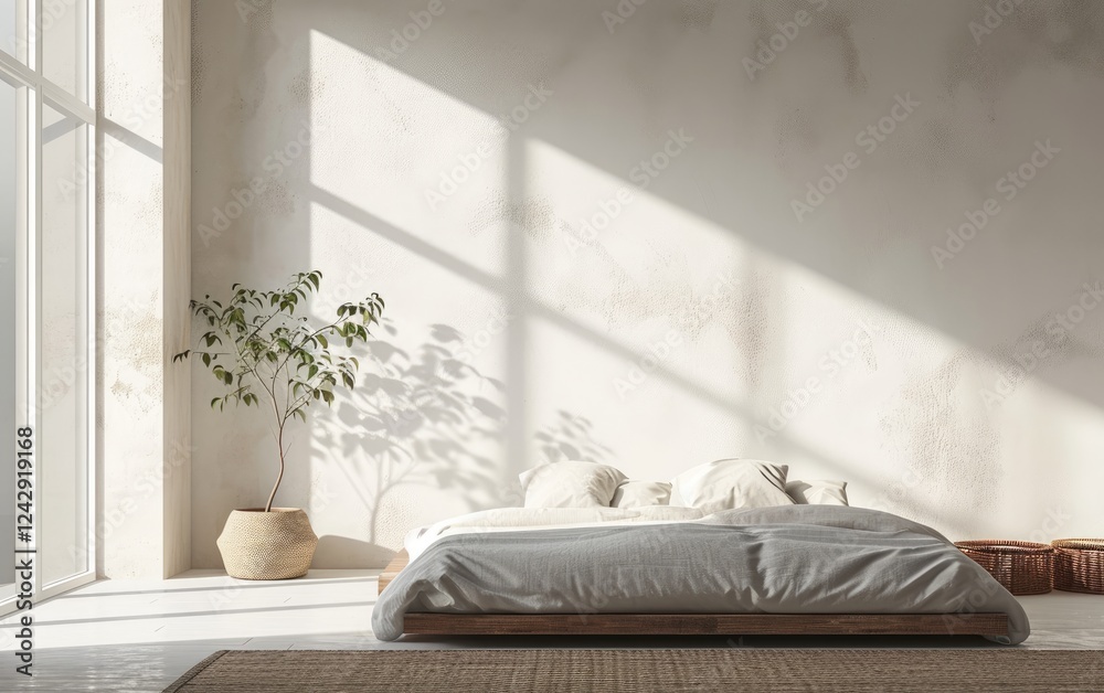 Modern Bedroom Interior with Wooden Platform Bed near Potted Plant
