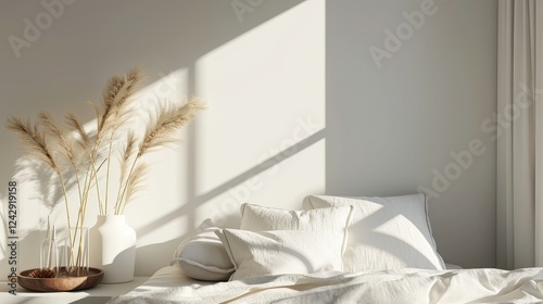 Obraz na płótnie Sunlit Bedroom With White Bedding And Pampas Grass w salonie