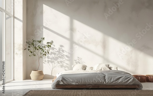 Obraz na płótnie Modern Bedroom Interior with Wooden Platform Bed near Potted Plant w salonie