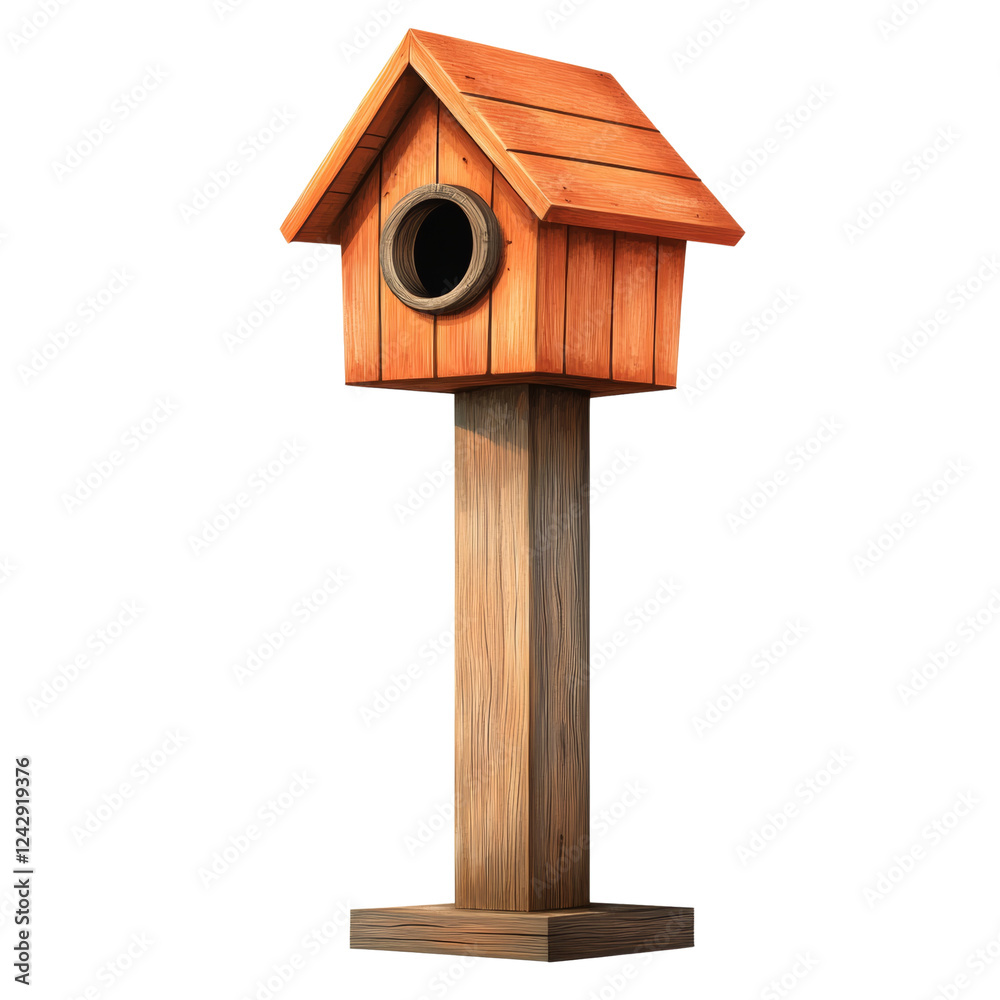 The image shows a small wooden birdhouse mounted on a tall wooden post with a square base. The image shows a small wooden birdhouse mounted on a tall wooden post with a square base.
