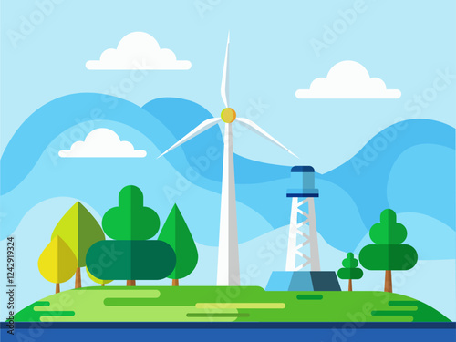 Wind Turbine and Lighthouse on Green Island - Renewable Energy and Eco-Friendly Landscape