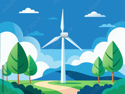 Wind Turbine on Green Hill - Renewable Energy and Sustainable Environment Concept