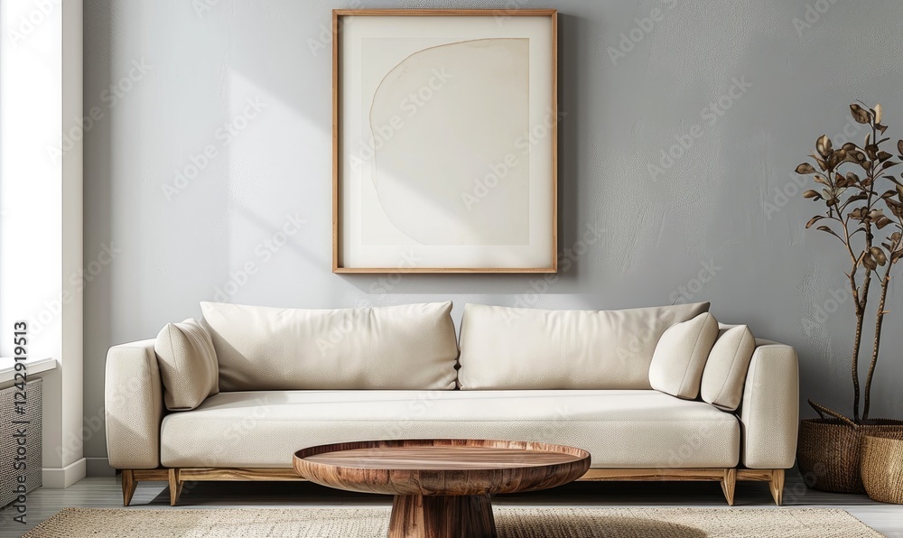 Modern living room with a beige sofa and wooden coffee table near a plant in a woven basket, frame abstract art on beige wall.