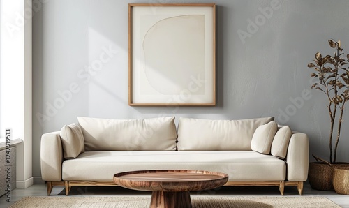Obraz na płótnie Modern living room with a beige sofa and wooden coffee table near a plant in a woven basket, frame abstract art on beige wall. w salonie