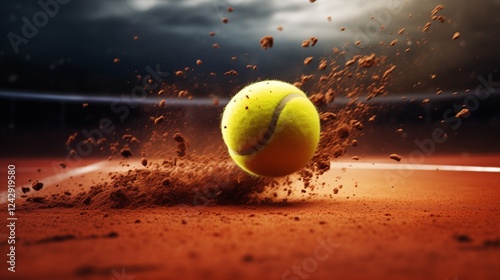 Tennis ball hitting the line on a clay court, detailed impact with dust particles and clear court markings