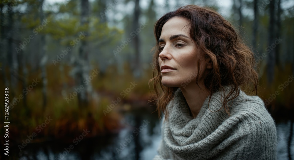 Pensive caucasian female in autumn forest by tranquil stream Pensive caucasian female in autumn forest by tranquil stream