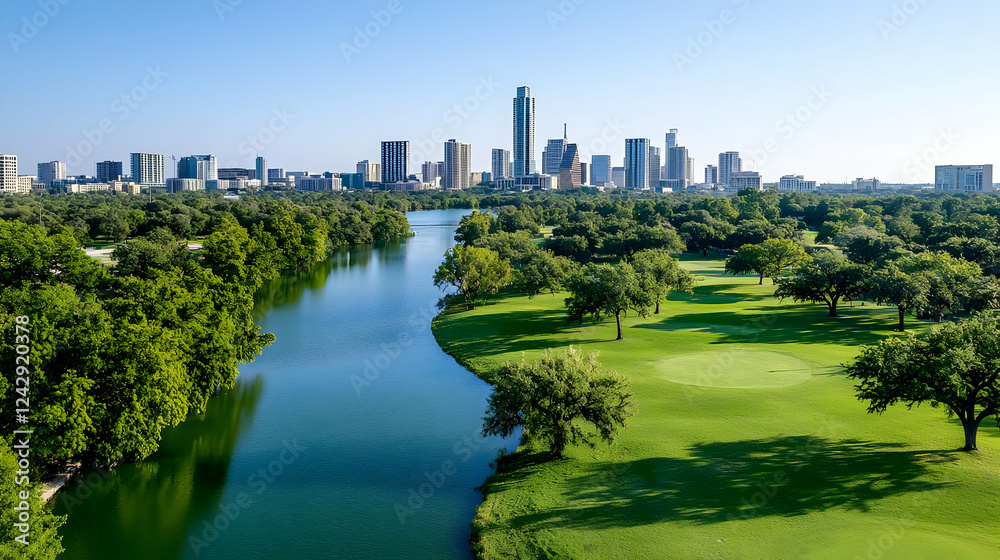 Austin skyline, golf course, river, summer, cityscape Austin skyline, golf course, river, summer, cityscape