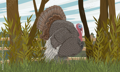 Male turkey walks near the fence separating the poultry yard from the forest. Domestic and farm poultry. Realistic vector landscape