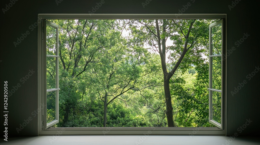 Naklejka premium Lush Green Treetop View Through Open Window