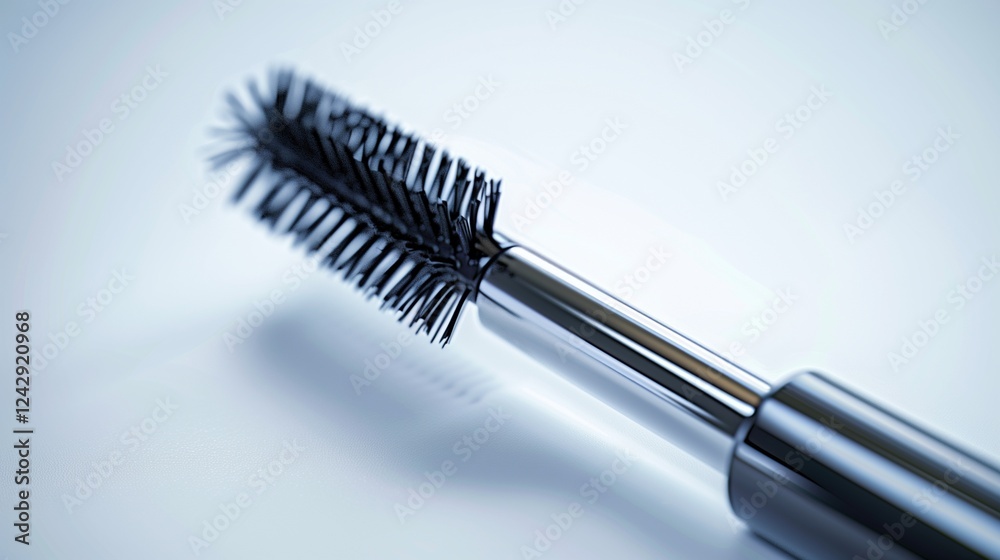 A detailed close-up of a mascara tube with an elegant design, isolated on a clean white background, showcasing its fine details and smooth, reflective surface. A detailed close-up of a mascara tube with an elegant design, isolated on a clean white background, showcasing its fine details and smooth, reflective surface.