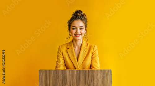 jeune femme, hôtesse d'accueil, en veste jaune, derrière en comptoir en bois et devant un mur jaune photo