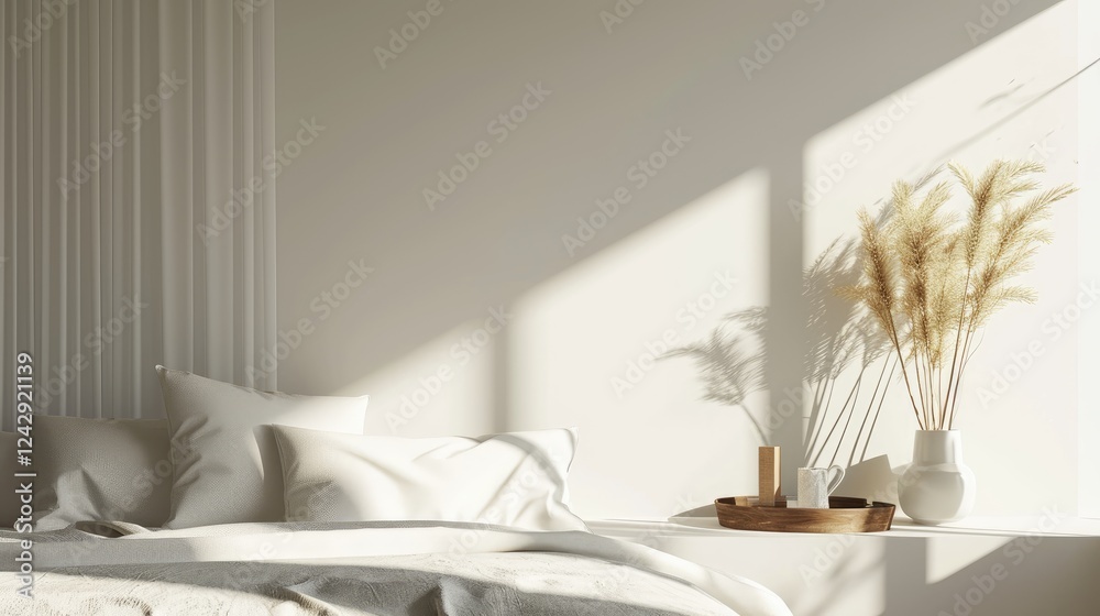 bedroom scene with white bedding, dried pampas grass in a white vase, and a wooden tray on a bedside table.