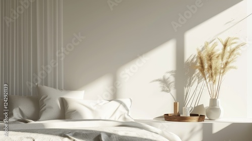 Obraz na płótnie bedroom scene with white bedding, dried pampas grass in a white vase, and a wooden tray on a bedside table. w salonie