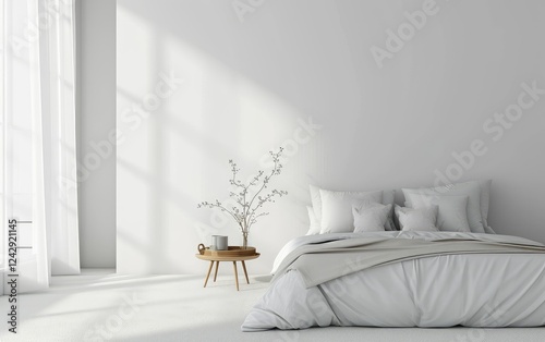 Obraz na płótnie Minimalist Bedroom Design With White Bedding And Simple Decor w salonie