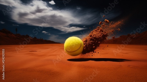Tennis ball hitting the line on a clay court, vibrant yellow ball in motion with a cloud of clay dust rising