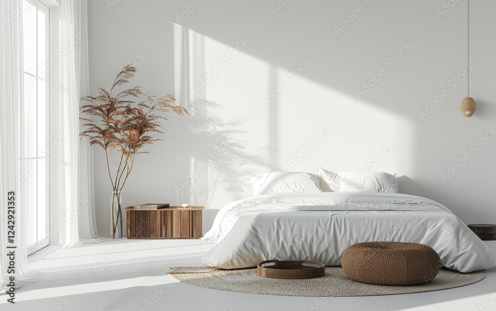 Minimalist Bedroom Interior with white bedding, a wooden side table, and pampas grass on white wall