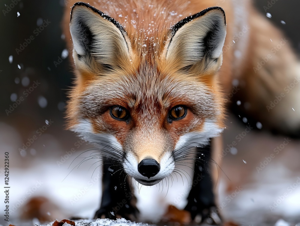 Fototapeta premium A red fox standing in the snow looking at the camera