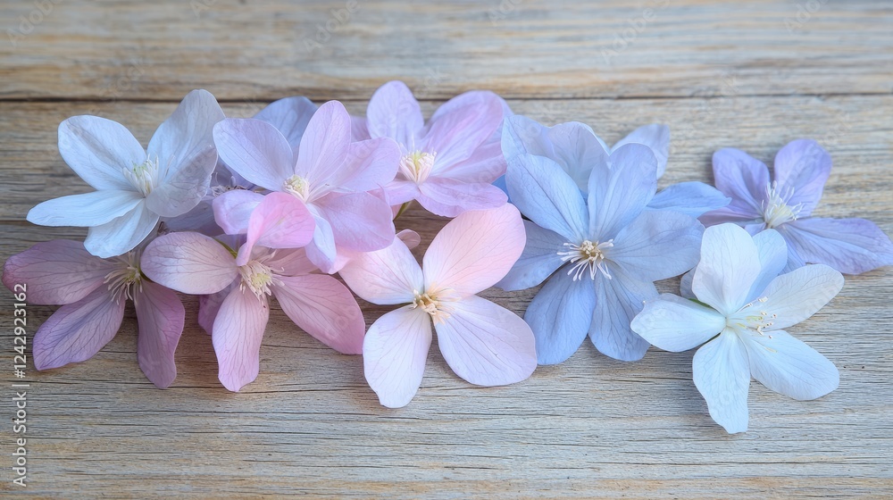 Colorful pastel flowers and petals displayed on a wooden surface for a serene ambiance Colorful pastel flowers and petals displayed on a wooden surface for a serene ambiance