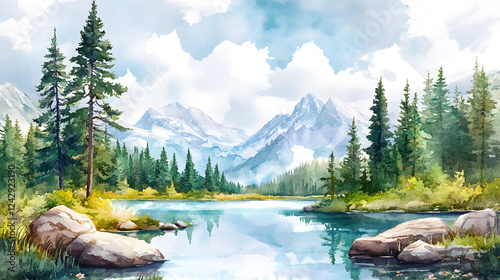 A beautiful watercolor landscape painting of an spring mountain scene with trees, rocks, and a lake. Watercolor illustration of a forest in the spring season. Digital art design for print on canvas.