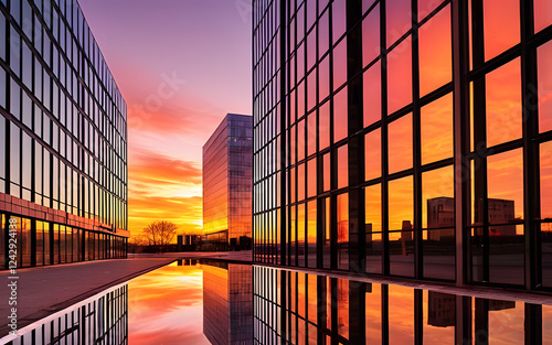 Glass buildings reflecting beautiful sunsets