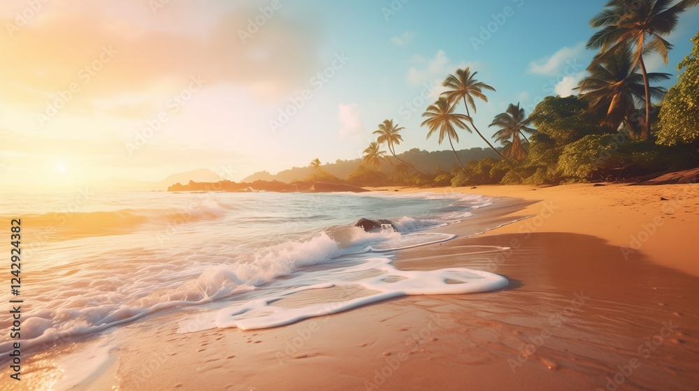 Tropical beach beautiful morning view, serene blue ocean with gentle waves and lush greenery under a soft, golden morning light Tropical beach beautiful morning view, serene blue ocean with gentle waves and lush greenery under a soft, golden morning light