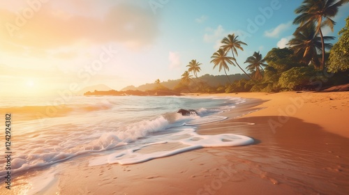 Tropical beach beautiful morning view, serene blue ocean with gentle waves and lush greenery under a soft, golden morning light