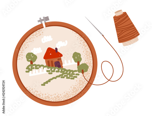 Embroidery hoop with a rural house and landscape. Cozy handcrafted art. Flat vector illustration.