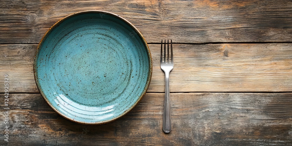 Empty Rustic Table Setting with Blue Plate and Fork Empty Rustic Table Setting with Blue Plate and Fork