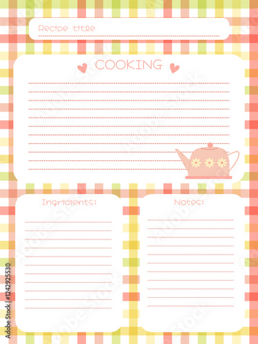 recipe notebook page template with pink kettle and checkered background