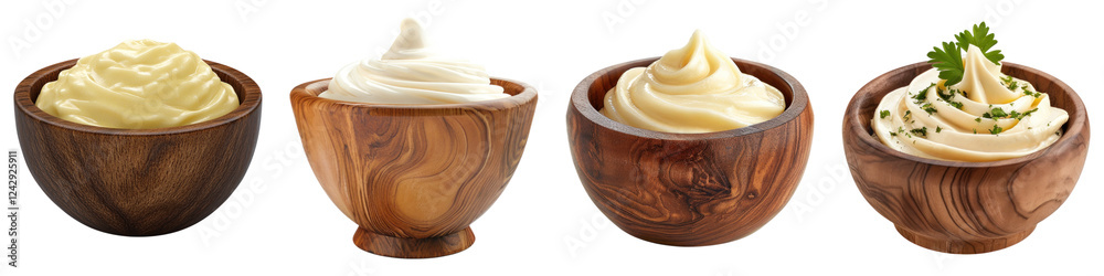 Mayo sauce in a wooden bowl isolated on transparent background, PNG, Set of Mayo sauce in a wooden bowl isolated on transparent background, PNG, Set of