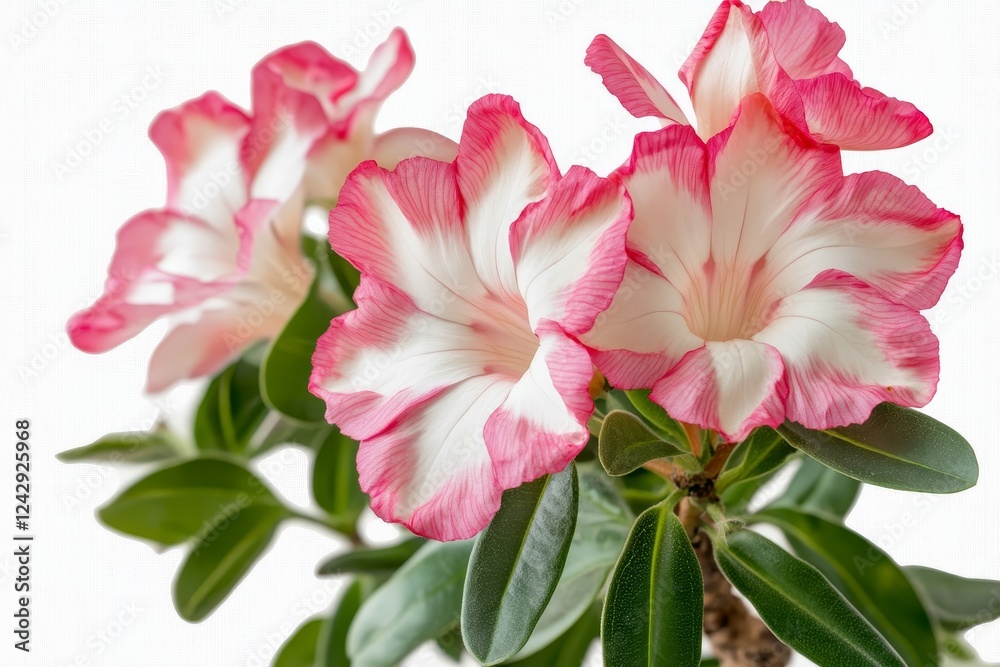 Pink-white desert rose blooms, studio shot, white background, floral design Pink-white desert rose blooms, studio shot, white background, floral design