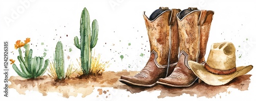 Watercolor illustration featuring cowboy boots and a cowboy hat resting on desert sand