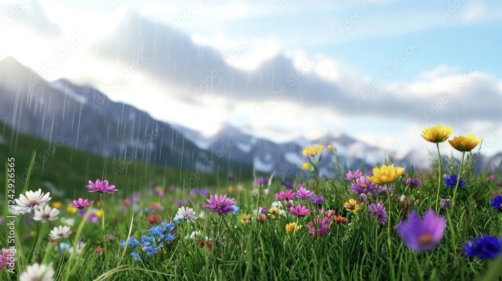 Fototapeta premium Rain Shower Over Colorful Wildflower Meadow And Mountain Landscape