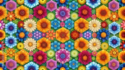 Vibrant geometric flower pattern consisting of hexagonal flowers arranged in a repeating pattern, geometric patterns, vibrant