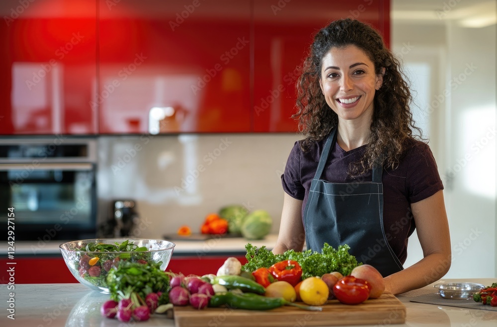 an attractive young smiling woman in her thirties wearing a black and white striped apron, standing behind the counter with various vegetables on it while preparing a salad for lunch an attractive young smiling woman in her thirties wearing a black and white striped apron, standing behind the counter with various vegetables on it while preparing a salad for lunch