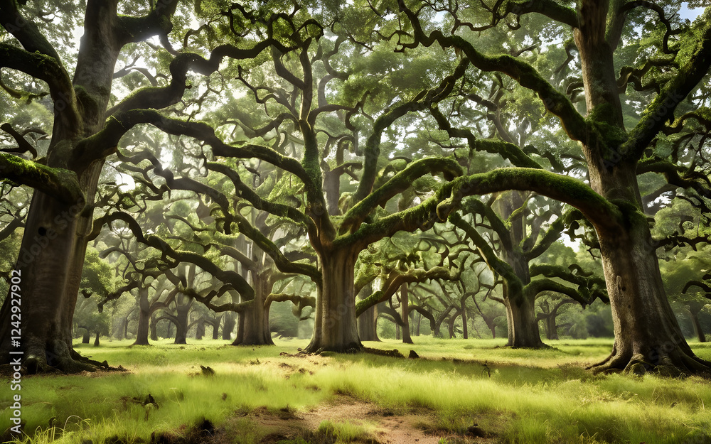 Fototapeta premium Lush forest with towering oak trees