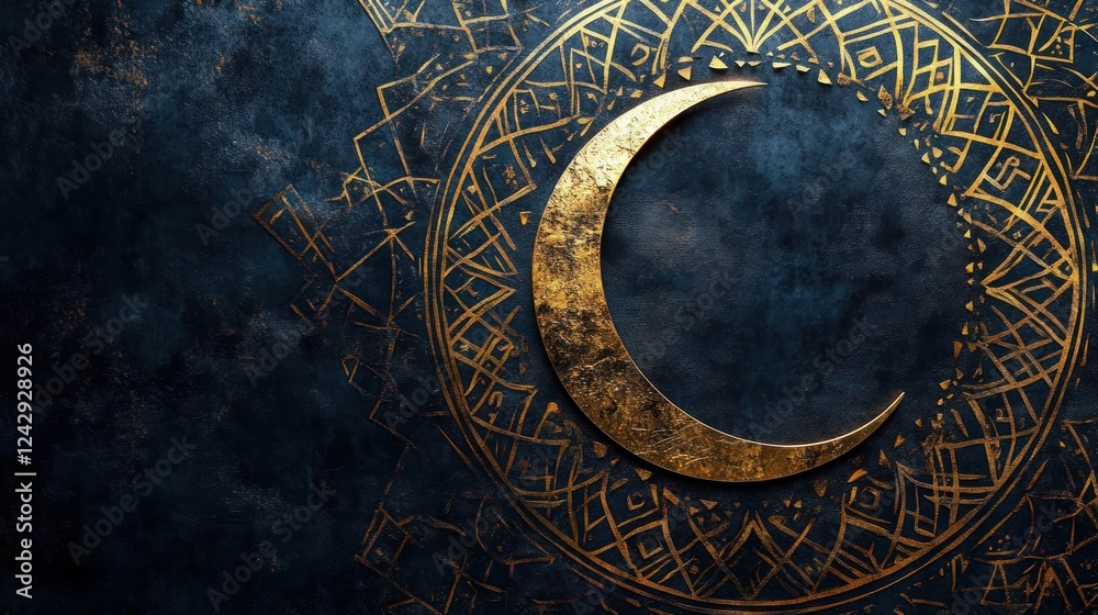 Naklejka premium Golden Crescent Moon Embellished With Intricate Design