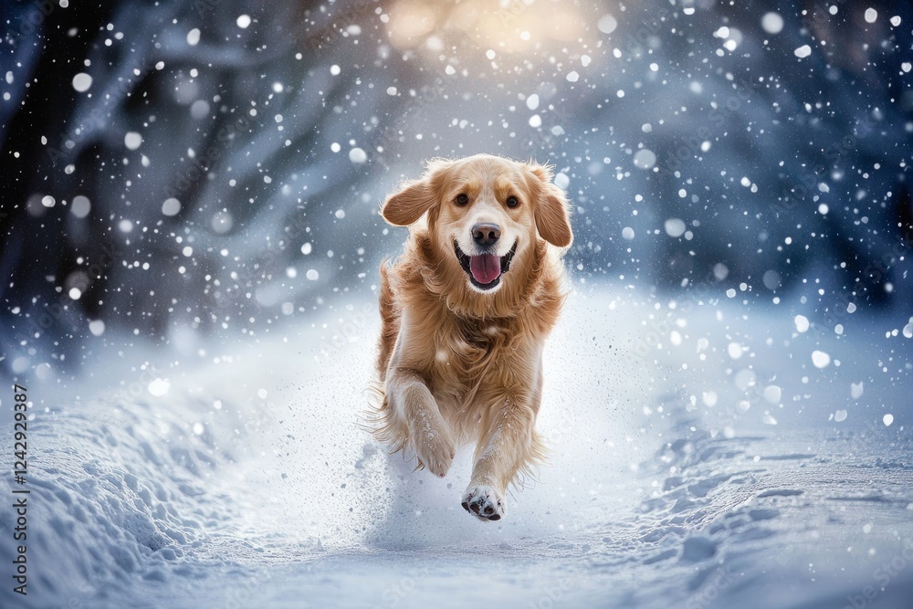 Golden retriever joyfully running through fresh winter snow on a snowy day Golden retriever joyfully running through fresh winter snow on a snowy day