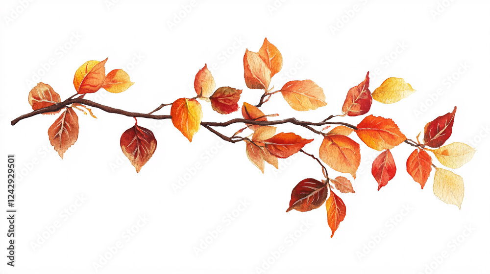 Fototapeta premium Watercolor illustrations depict autumn leaves on a branch.