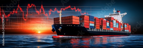 American trade war concept. Container ship with trading graphs at sunset on the water.