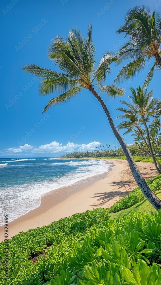Tropical beach, palm trees, ocean waves, sunny day, vacation Tropical beach, palm trees, ocean waves, sunny day, vacation