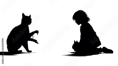 Vector silhouette of child playing with cat, black on white background