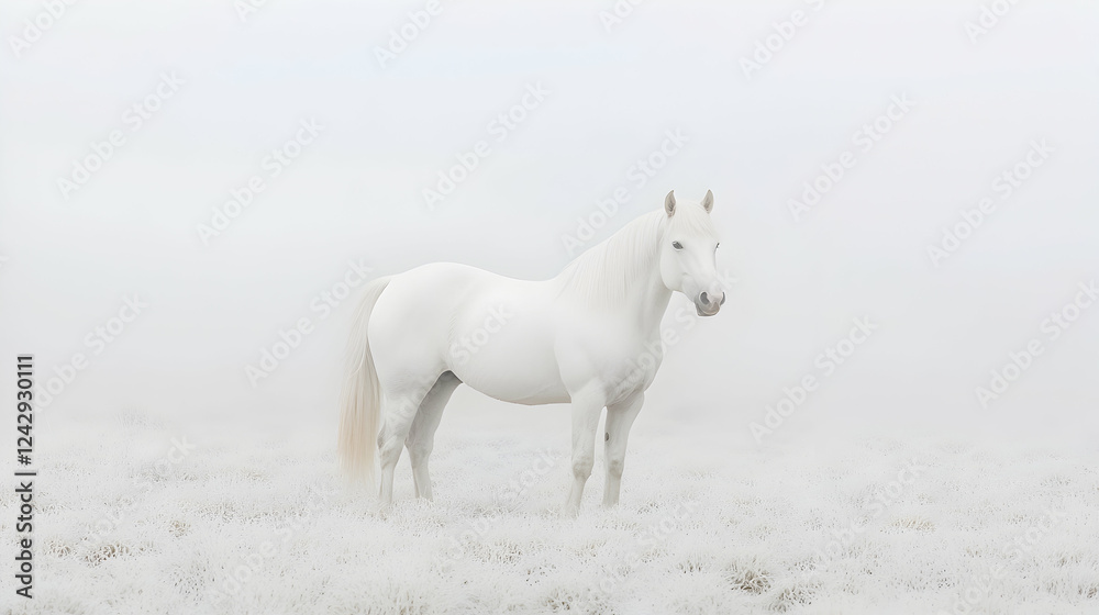 Fototapeta premium White horse in foggy field, winter scene, serene landscape, ideal for websites