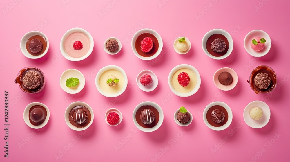 Assorted Chocolate Truffles and Raspberry Desserts Arranged on Pink Assorted Chocolate Truffles and Raspberry Desserts Arranged on Pink